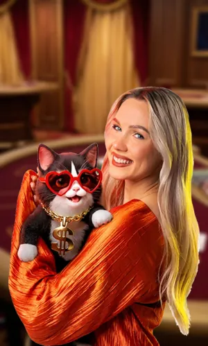 Live-Casino-Cover mit Dealerin und Katze