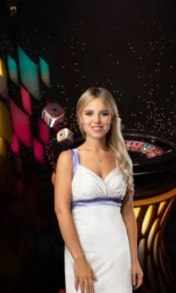 Live-Casino-Cover mit Dealerin in Weiß